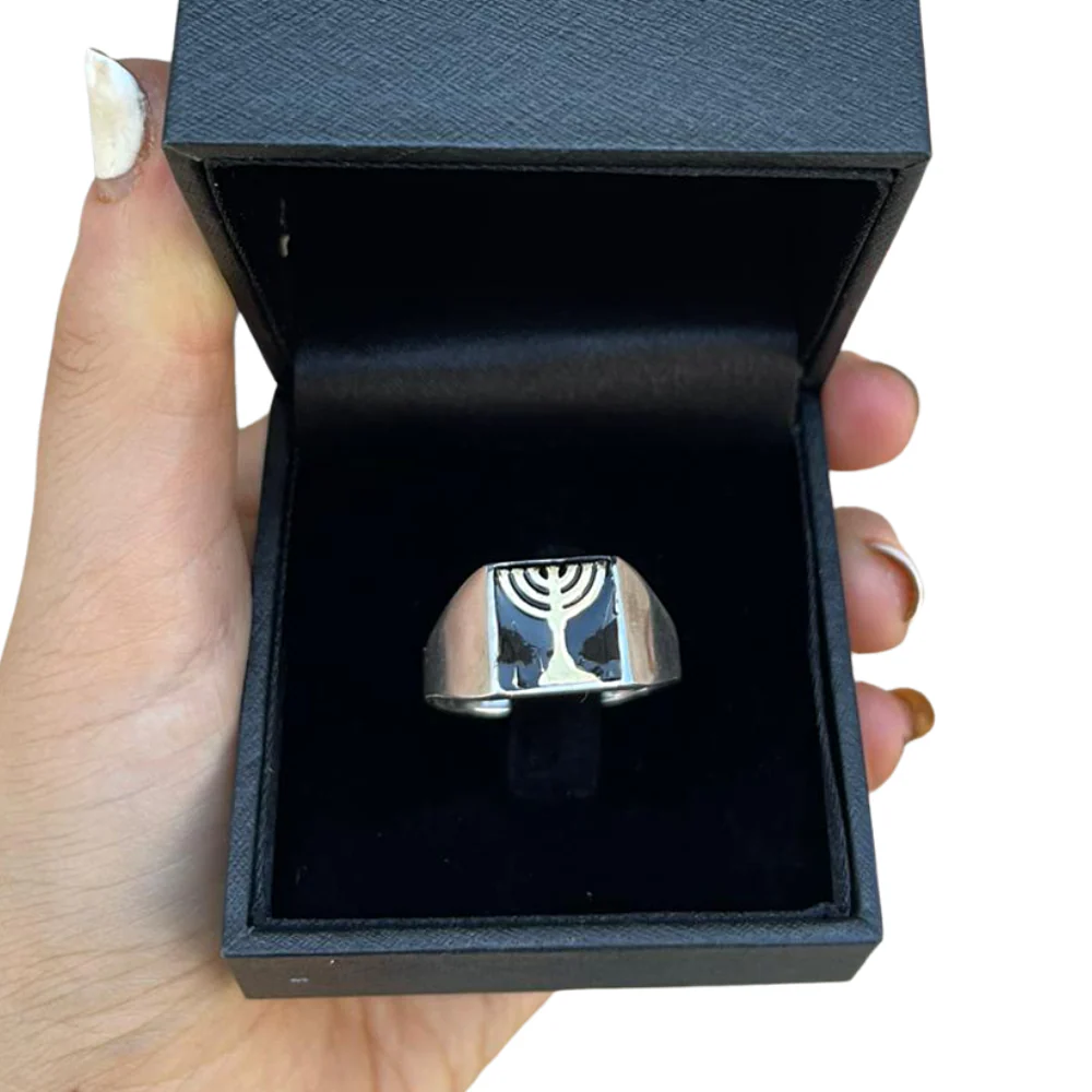 Menorah Onyx Silver Gold Inlay Signet Ring - Image 4