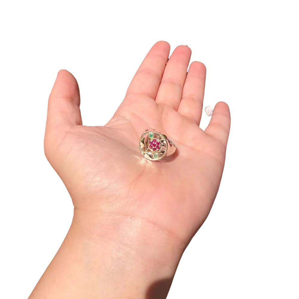 Pomegranate Ring in Silver and Gold with Rubies & Emeralds - Image 4