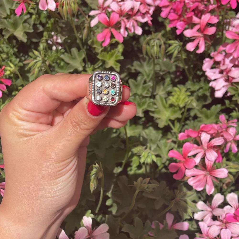 Sterling Silver Oxidized 12 Gemstones Hoshen Signet Ring - Image 3