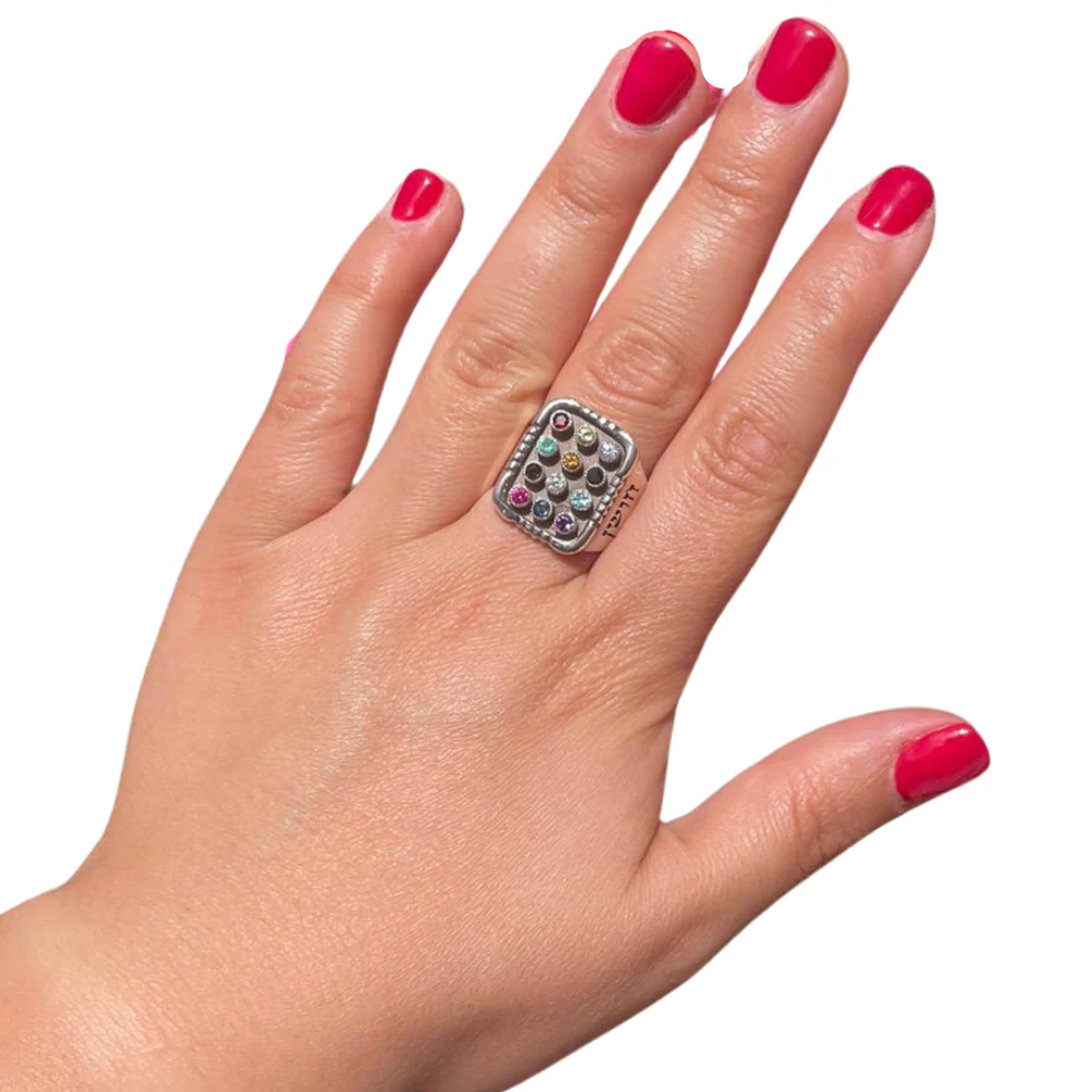Sterling Silver Oxidized 12 Gemstones Hoshen Signet Ring - Image 4