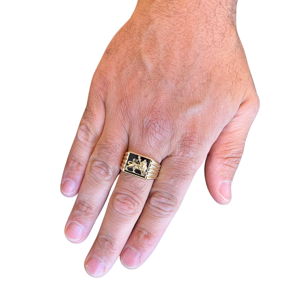 Bob Marley Style 14K Yellow Gold & Onyx Lion of Judah Ring - Image 3