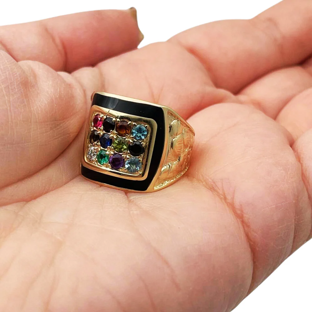 14K Yellow Gold and Black Enamel Hoshen Gems Jerusalem Ring - Image 4