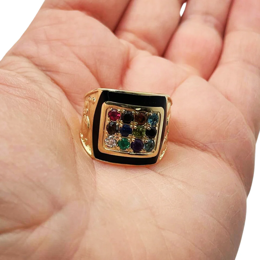 14K Yellow Gold and Black Enamel Hoshen Gems Jerusalem Ring - Image 5