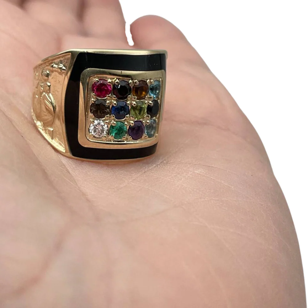 14K Yellow Gold and Black Enamel Hoshen Gems Jerusalem Ring - Image 6