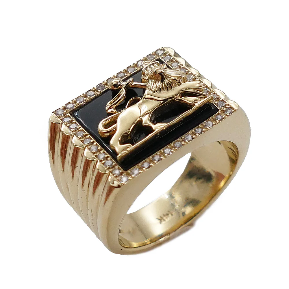 Lion of Judah Ring - Bob Marley Style 14K Yellow Gold Diamond Onyx - Image 2