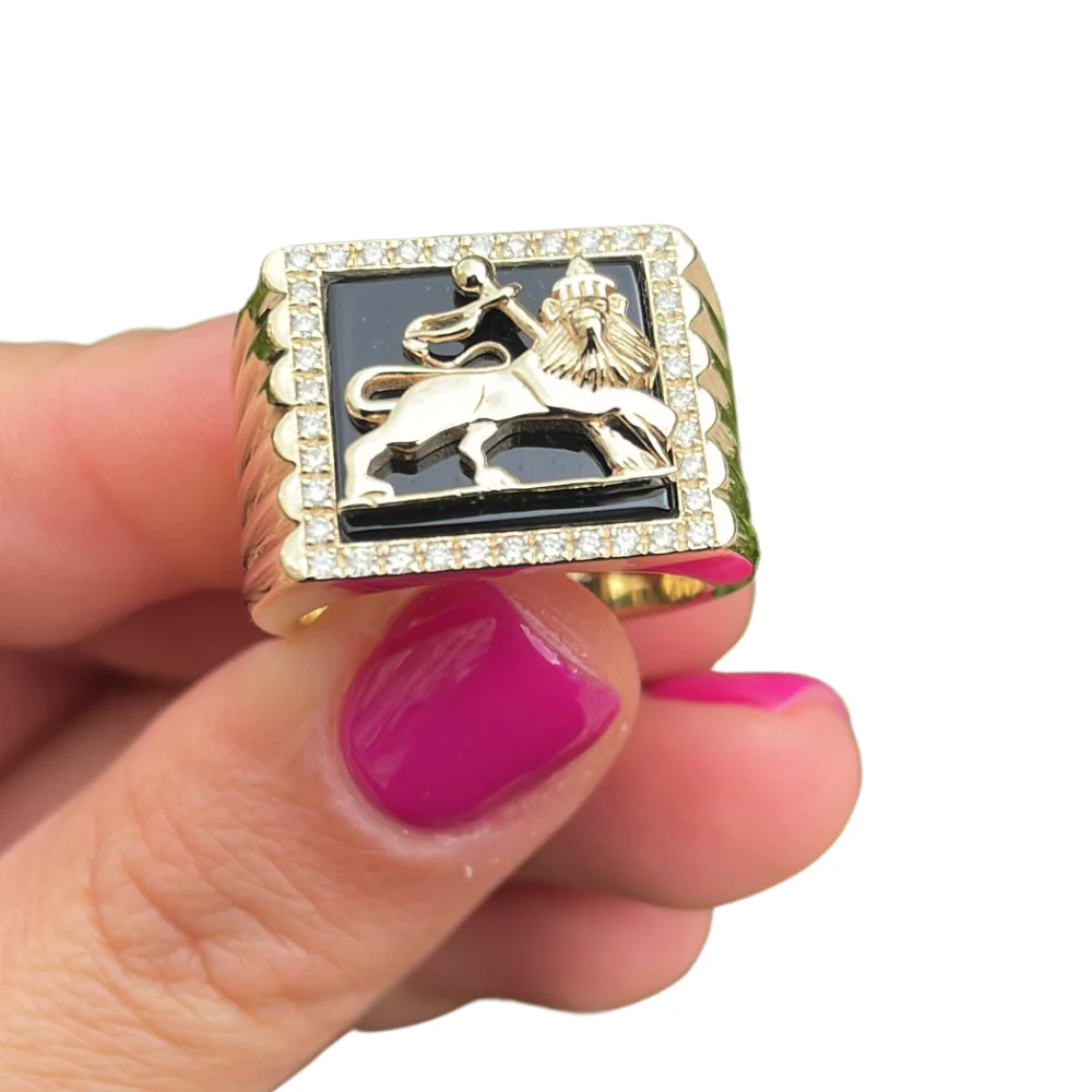 Lion of Judah Ring - Bob Marley Style 14K Yellow Gold Diamond Onyx - Image 7