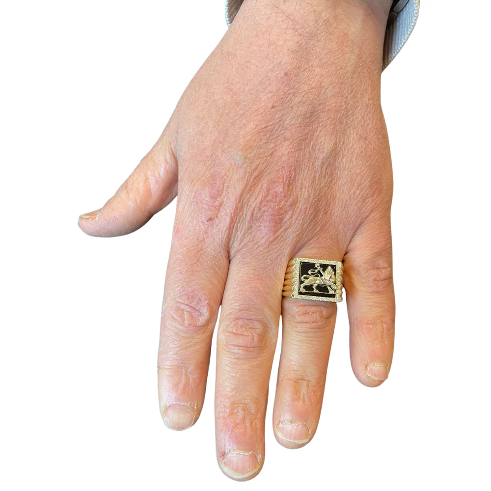 Lion of Judah Ring - Bob Marley Style 14K Yellow Gold Diamond Onyx - Image 8