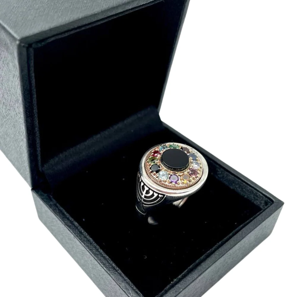 Hoshen Menorah Ring with Onyx Stone in Silver and Gold - Image 6
