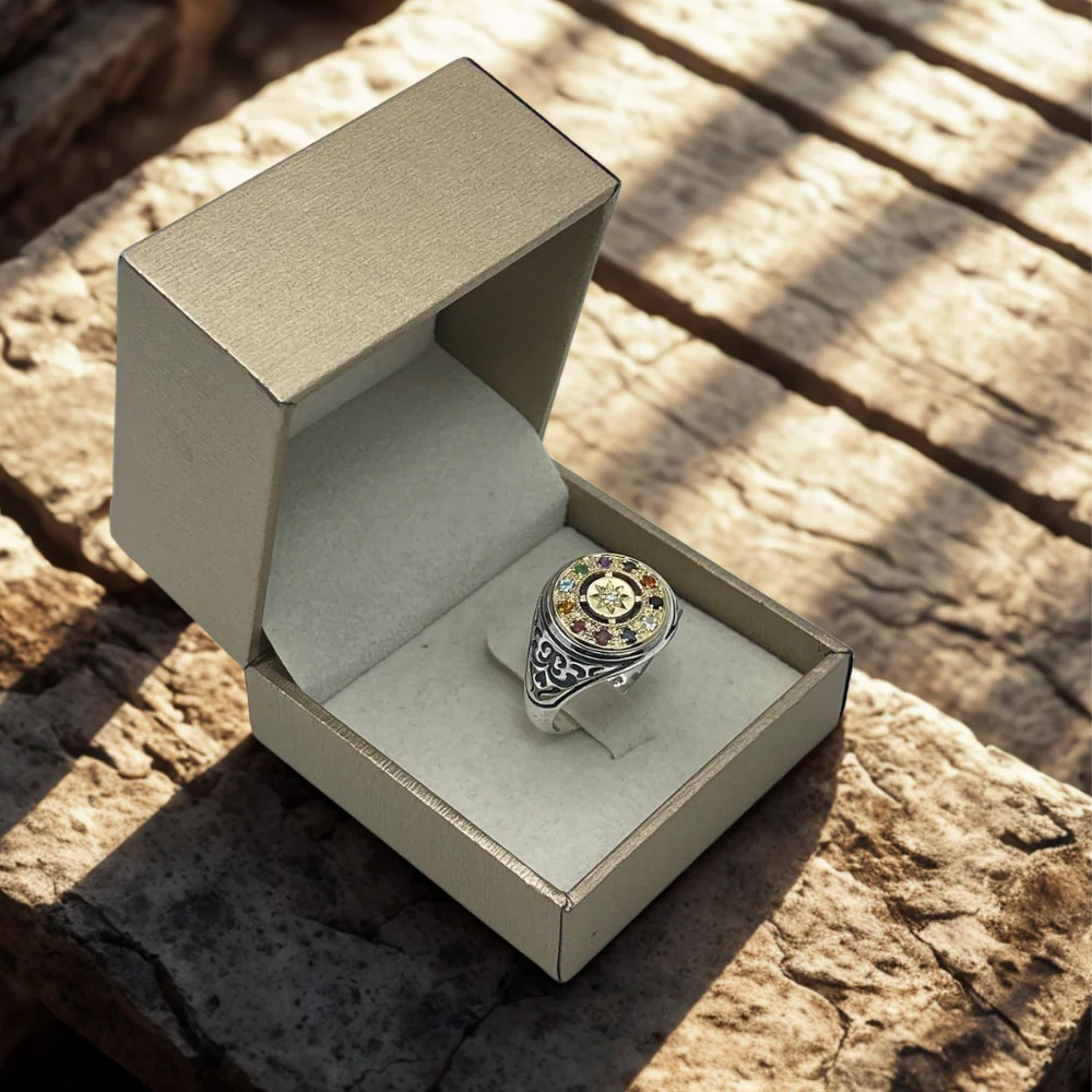 Hoshen Round Signet Ring in 14K Gold & 925 Silver with Natural Gemstones - Image 7