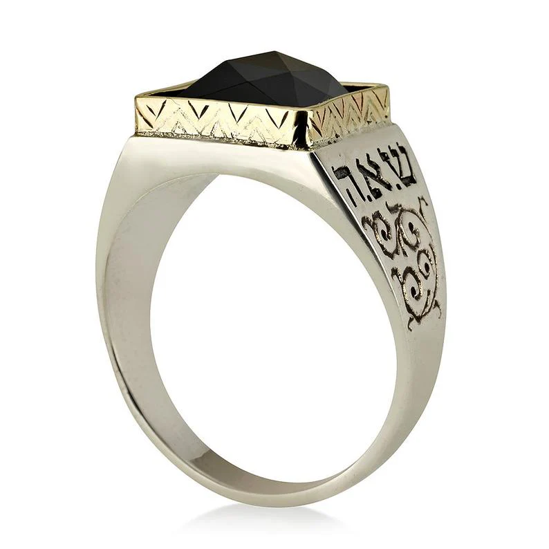 14K Gold and Silver 5 Metals with Black Onyx Kabbalah Ring - Image 3