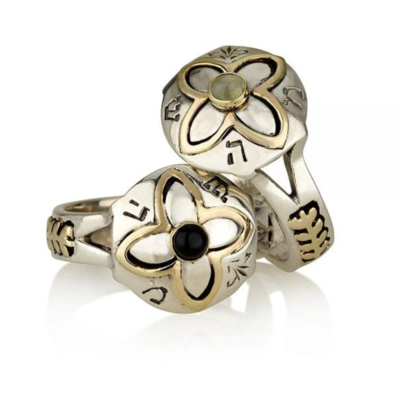 14K Gold and Silver 5 Metals Kabbalah Ring with Onyx / Catâs Eye Stone