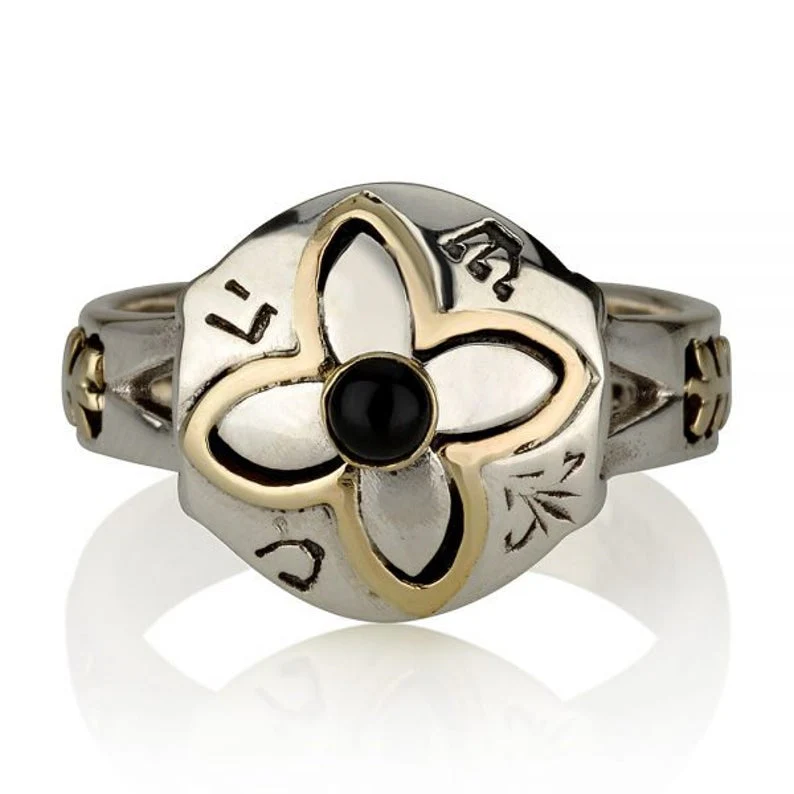 14K Gold and Silver 5 Metals Kabbalah Ring with Onyx / Catâs Eye Stone - Image 2