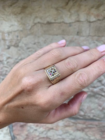 Hoshen Ring - 14K Gold Square Set Gems Kabbalah Ring - Image 2