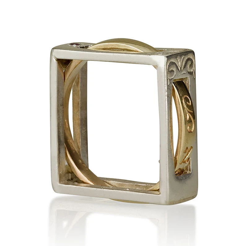 14K Gold and Silver Eishet Chayil Square in Circle Kabbalah Engagement Ring - Image 2