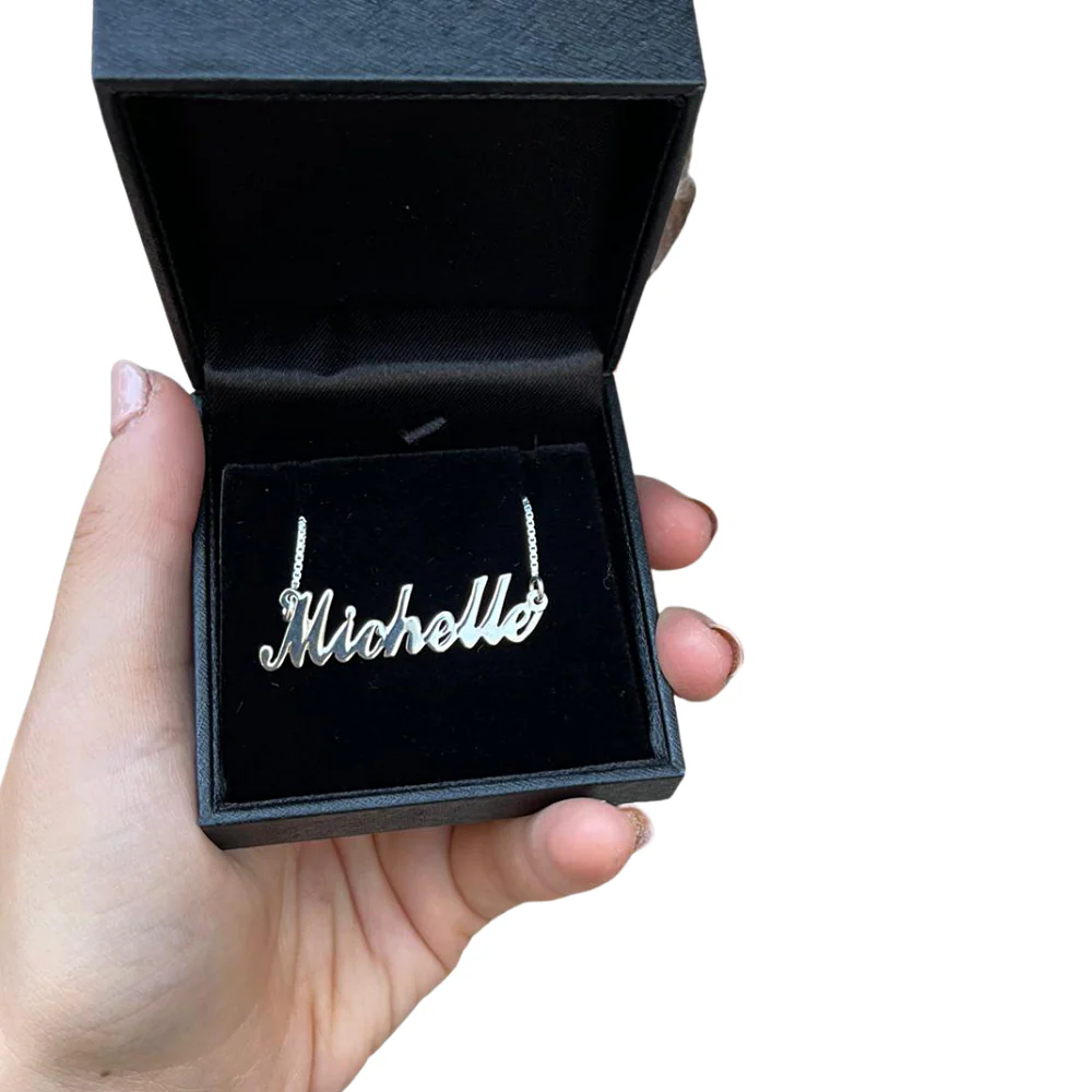 Silver Script Name Box Chain Necklace - Image 4