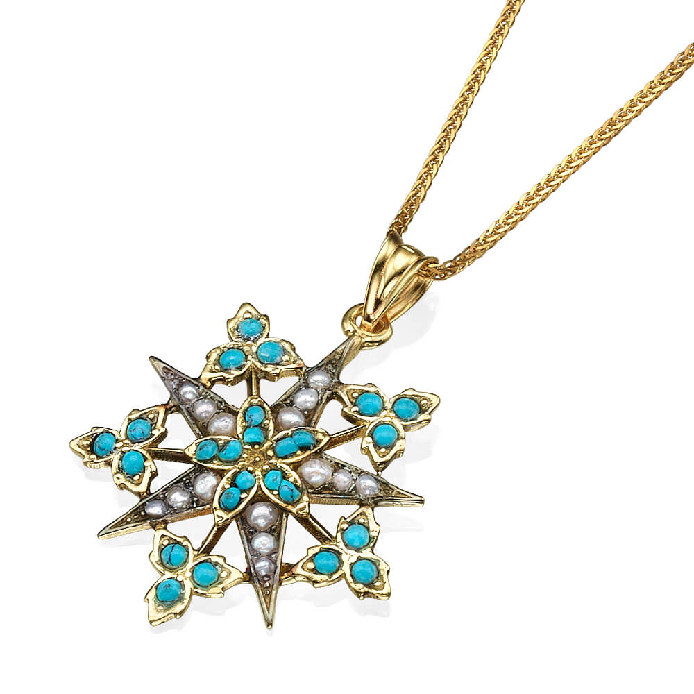Turquoise & Pearl Star 14K Gold Pendant