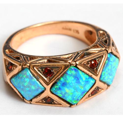 14k Rose Gold Opal and Garnet Triangular Ring - Image 2