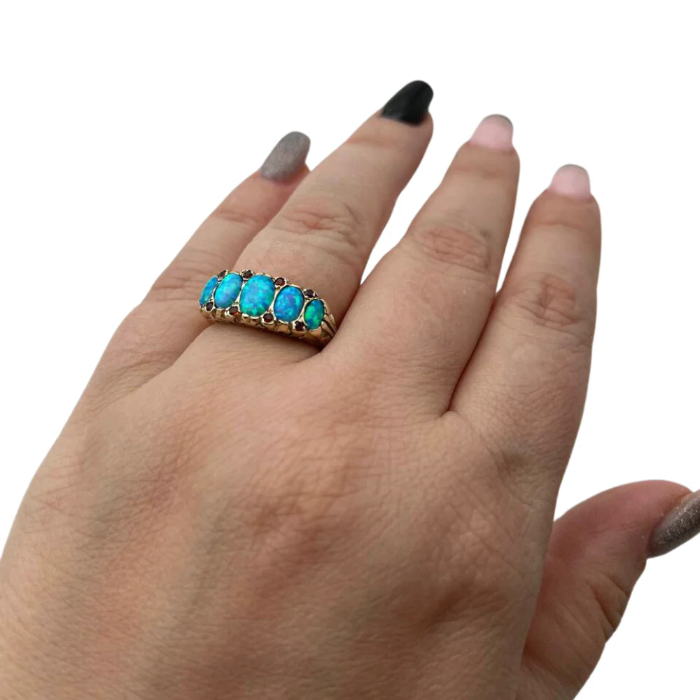 Blue Opal & Garnet Gemstones Filigree 14k Yellow Gold Ring - Image 3