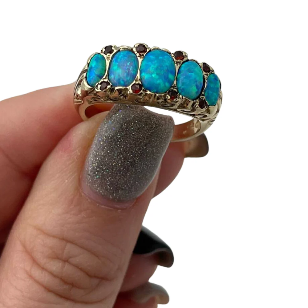 Blue Opal & Garnet Gemstones Filigree 14k Yellow Gold Ring - Image 4