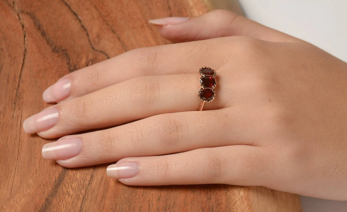 14K Rose Gold Three Garnet Ring - Image 4