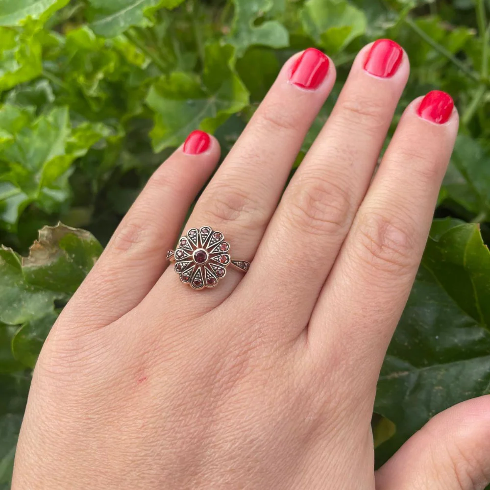 Gold Garnet Ring - 14K Rose Gold Antique Style Garnet Flower Ring - Image 5