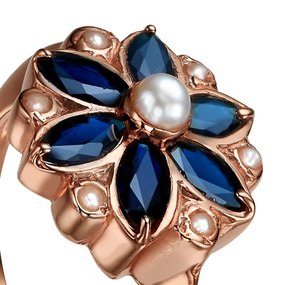 14K Rose Gold Vintage Style Ring with Sapphires and Pearls - Image 2