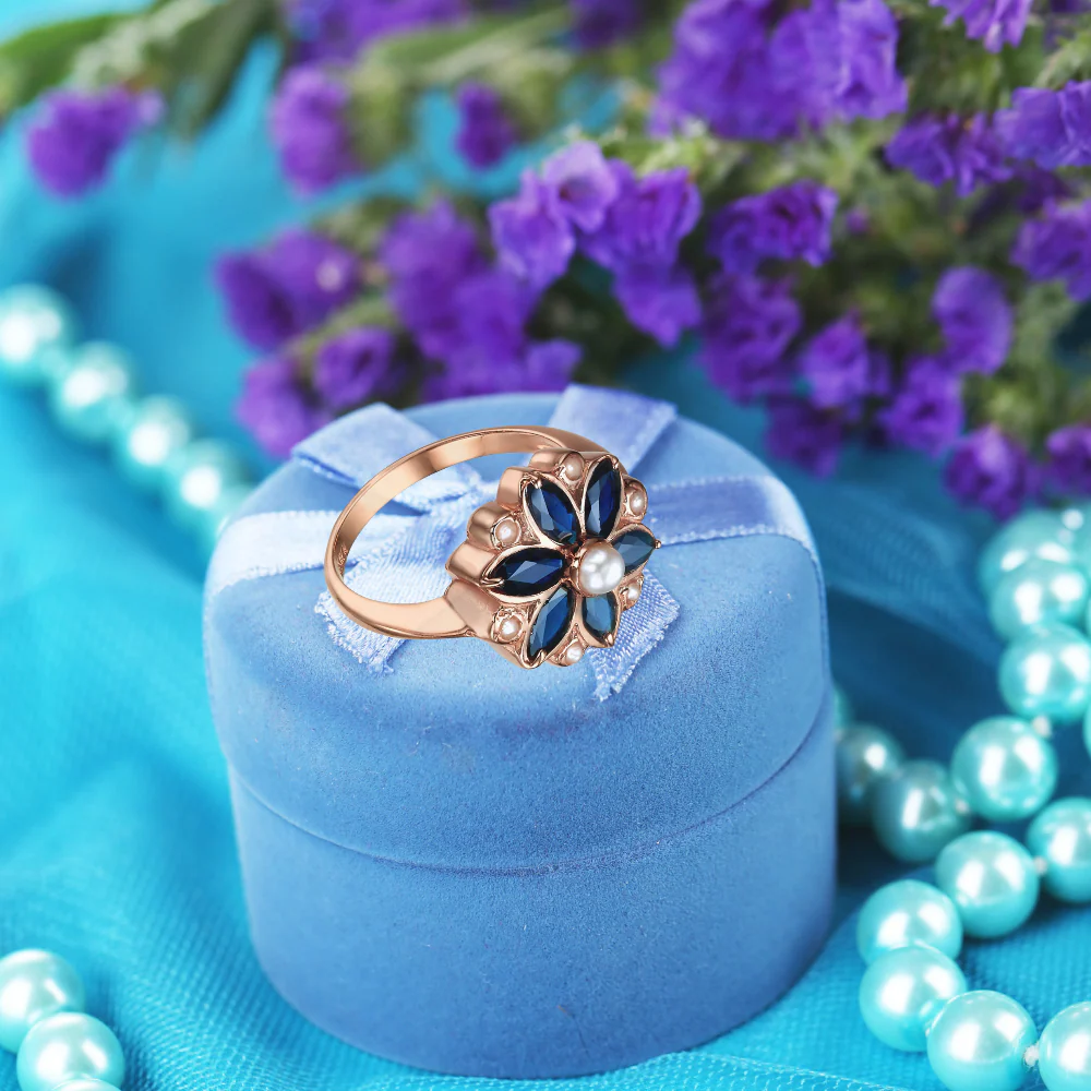 14K Rose Gold Vintage Style Ring with Sapphires and Pearls - Image 3