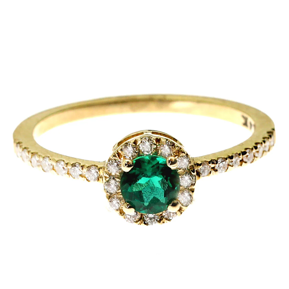 Emerald & Diamond Halo Ring in 14K Yellow Gold - Image 2
