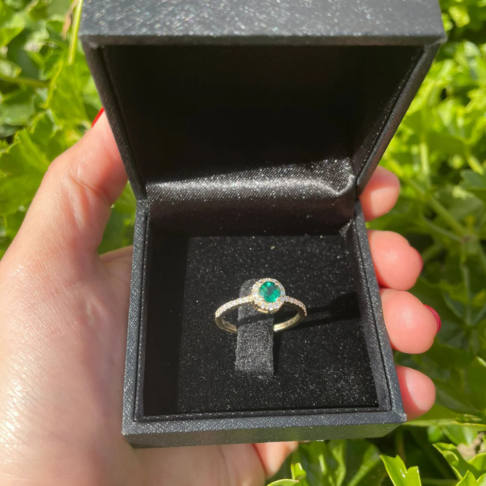 Emerald & Diamond Halo Ring in 14K Yellow Gold - Image 5