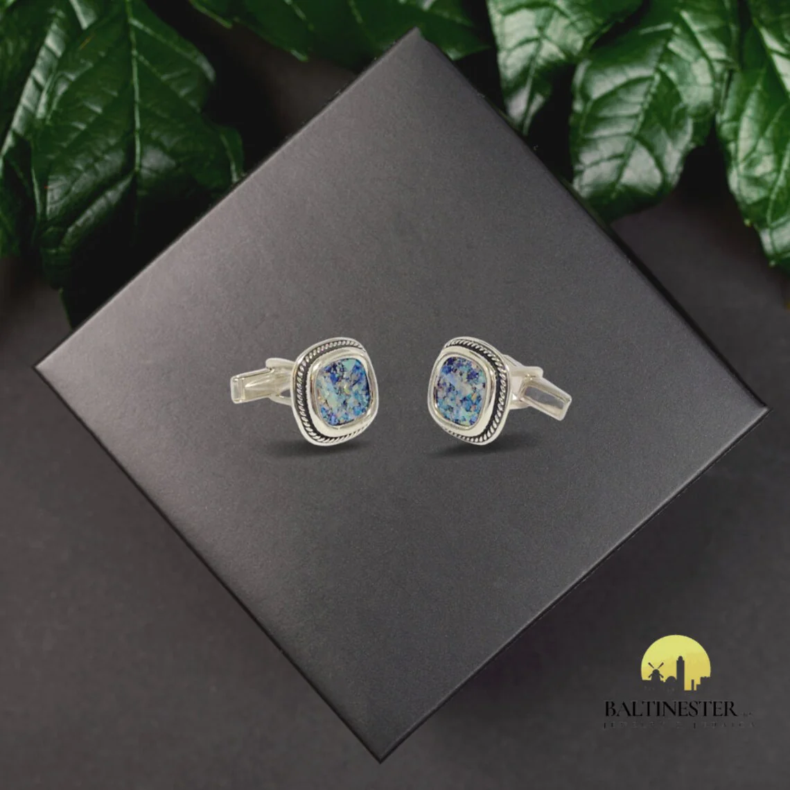 Roman Glass Braided Silver Square Cufflinks - Image 3
