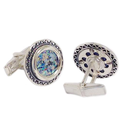 Filigree Sterling Silver Round Roman Glass Cufflinks - Image 2