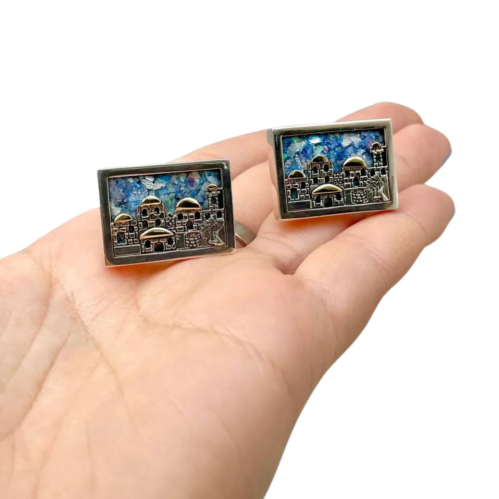 Roman Glass Jerusalem Skyline Cufflinks in Silver and Gold - Image 3