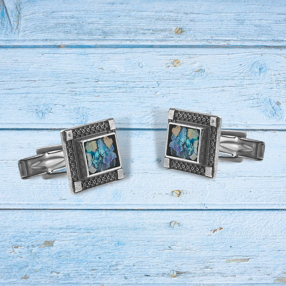 Israeli Roman Glass Sterling Silver Rectangle Cufflinks - Image 5
