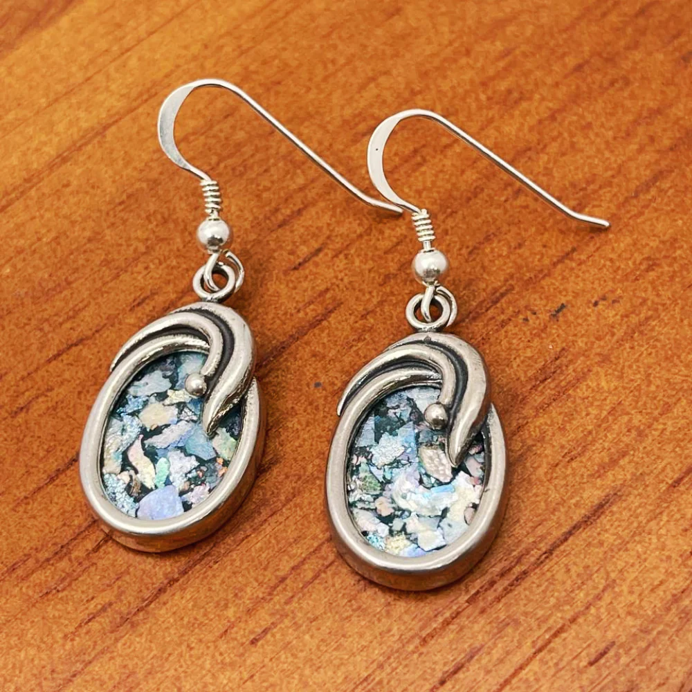 Roman Glass Oval Shaped Silver Earrings - Image 6