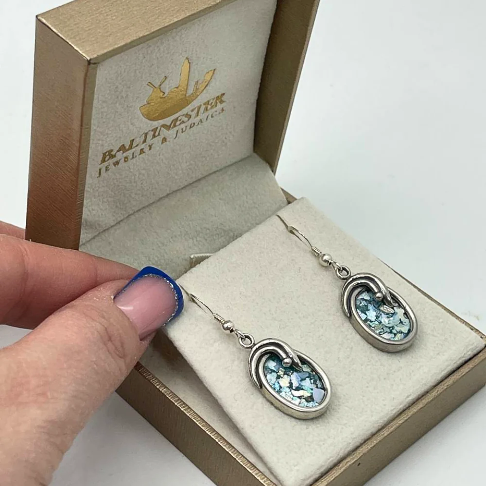 Roman Glass Oval Shaped Silver Earrings - Image 8