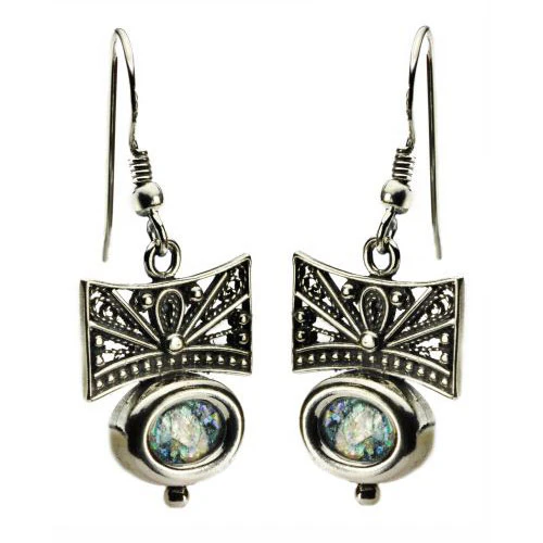Sterling Silver Filigree Roman Glass Oval Earrings