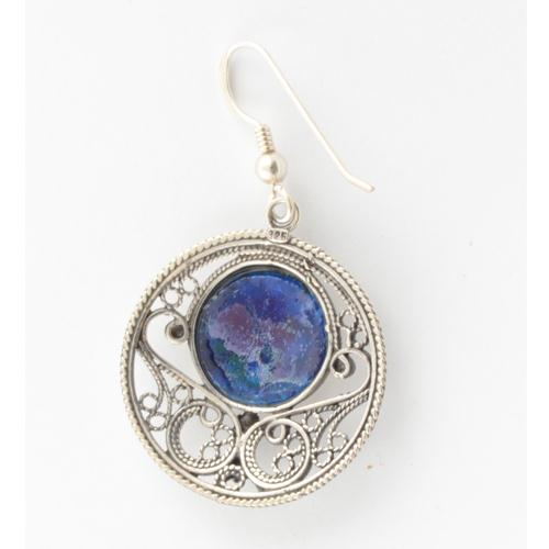 Silver Roman Glass Circle Filigree Earrings - Image 2
