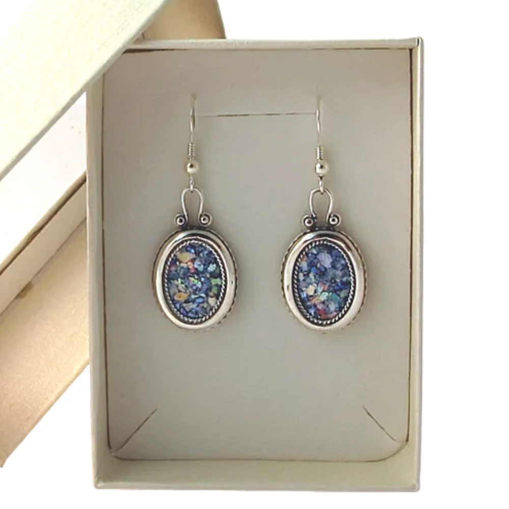 Silver Roman Glass Oval Earrings - Image 3