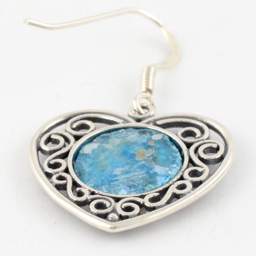 Silver Heart Shape Roman Glass Earrings - Image 2