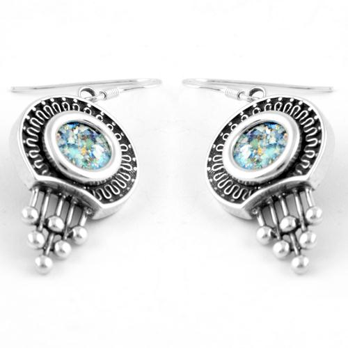Silver Bead Roman Glass Earrings