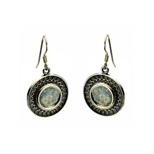 Sterling Silver Yemenite Circle Filigree Roman Glass Earrings