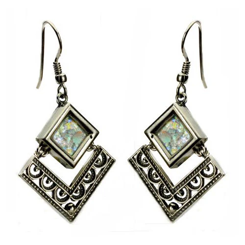 Sterling Silver Filigree Roman Glass Rhombus Earrings