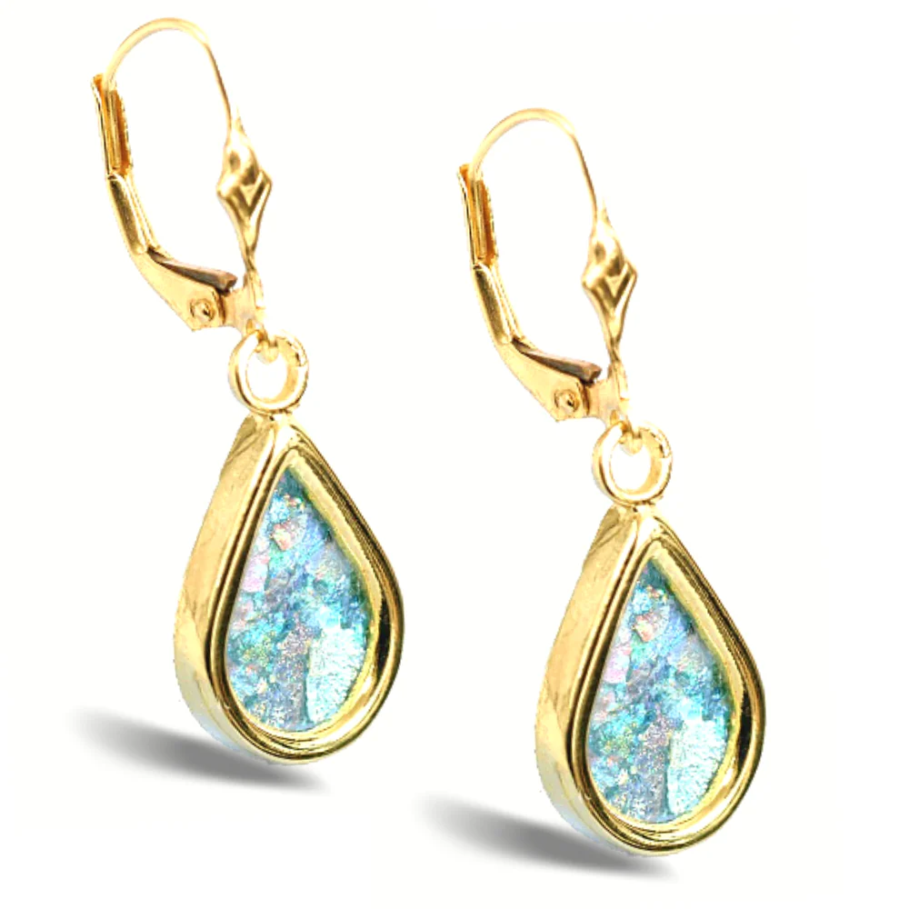 14k Gold Roman Glass Tear Drop Earrings - Image 2