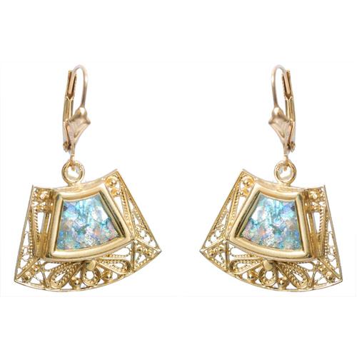14k Gold Roman Glass Trapezoid Earrings