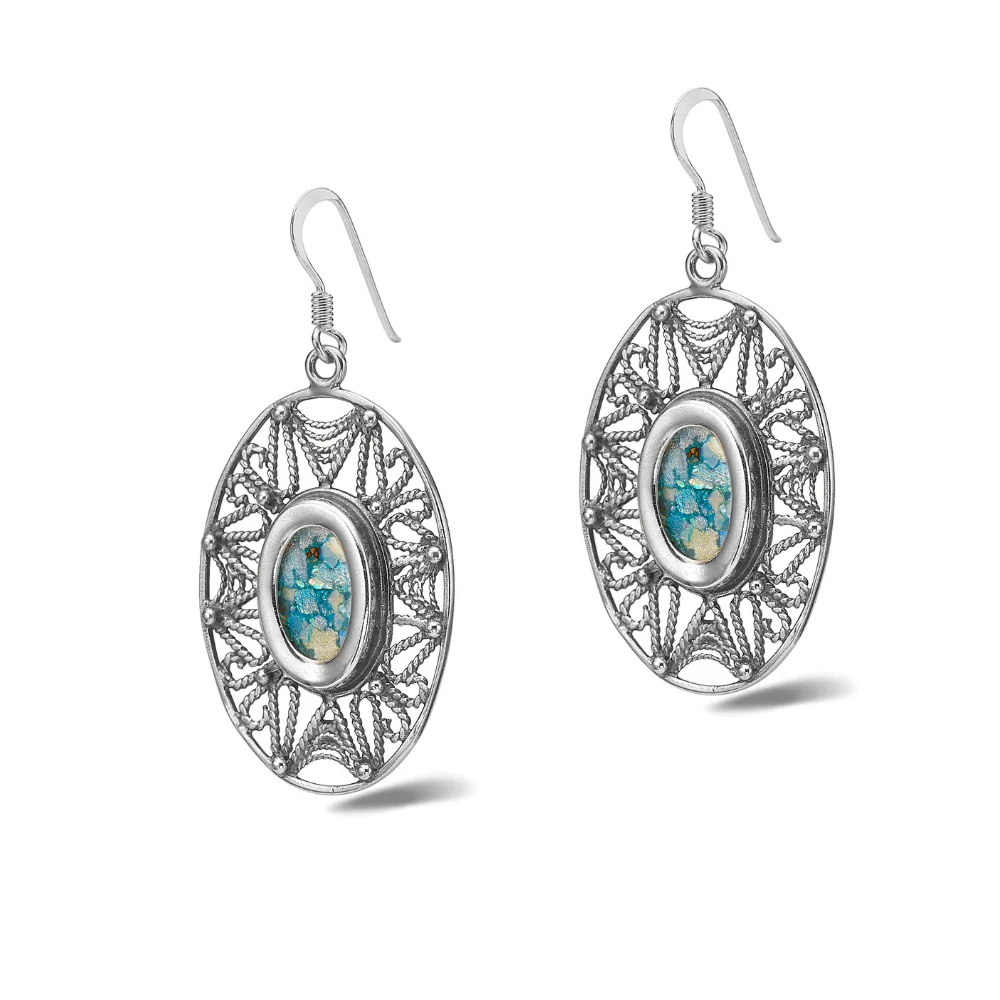 Israeli Roman Glass Sterling Silver Filigree Earrings - Image 3