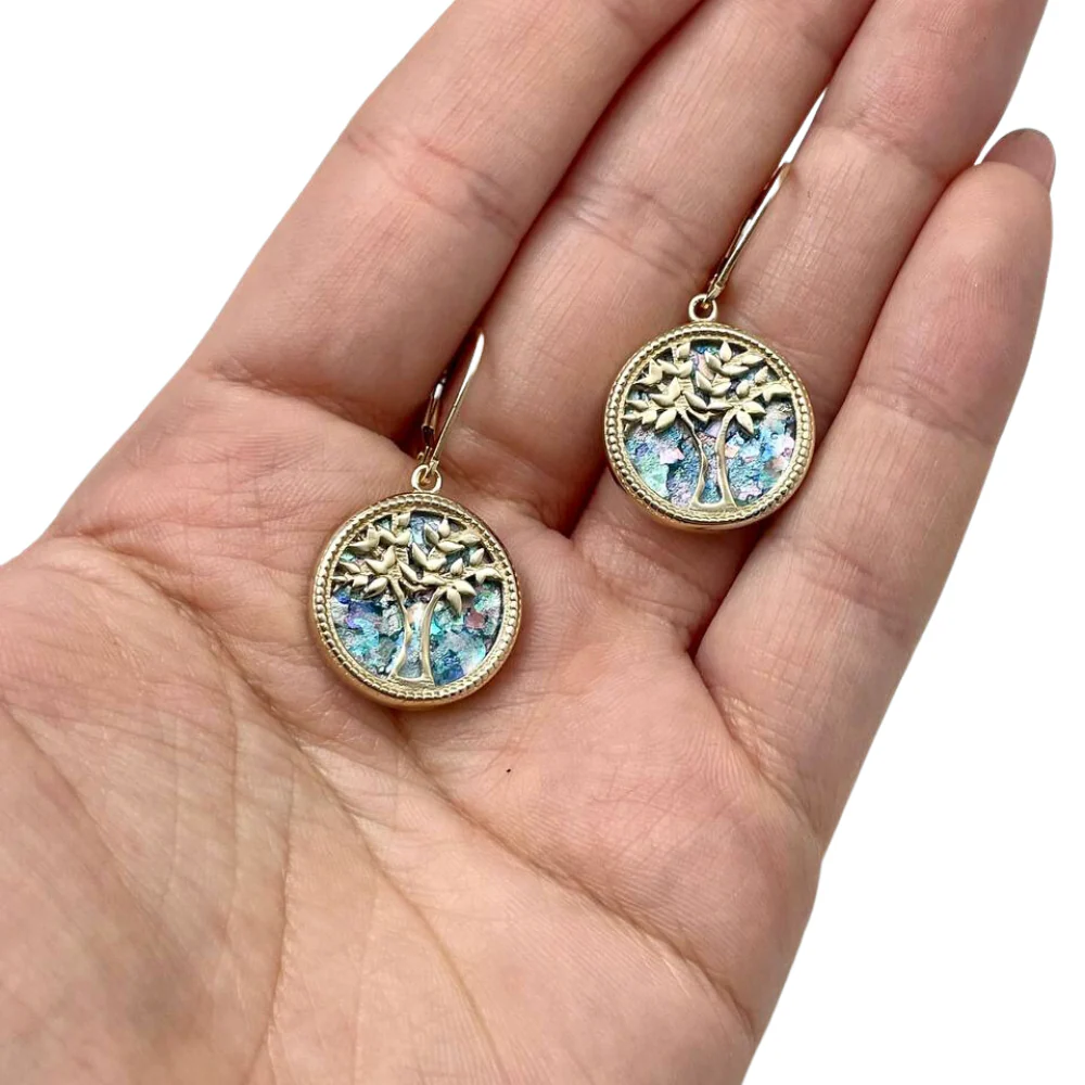 Tree of Life Earrings with Roman Glass in 14K Gold - Image 3