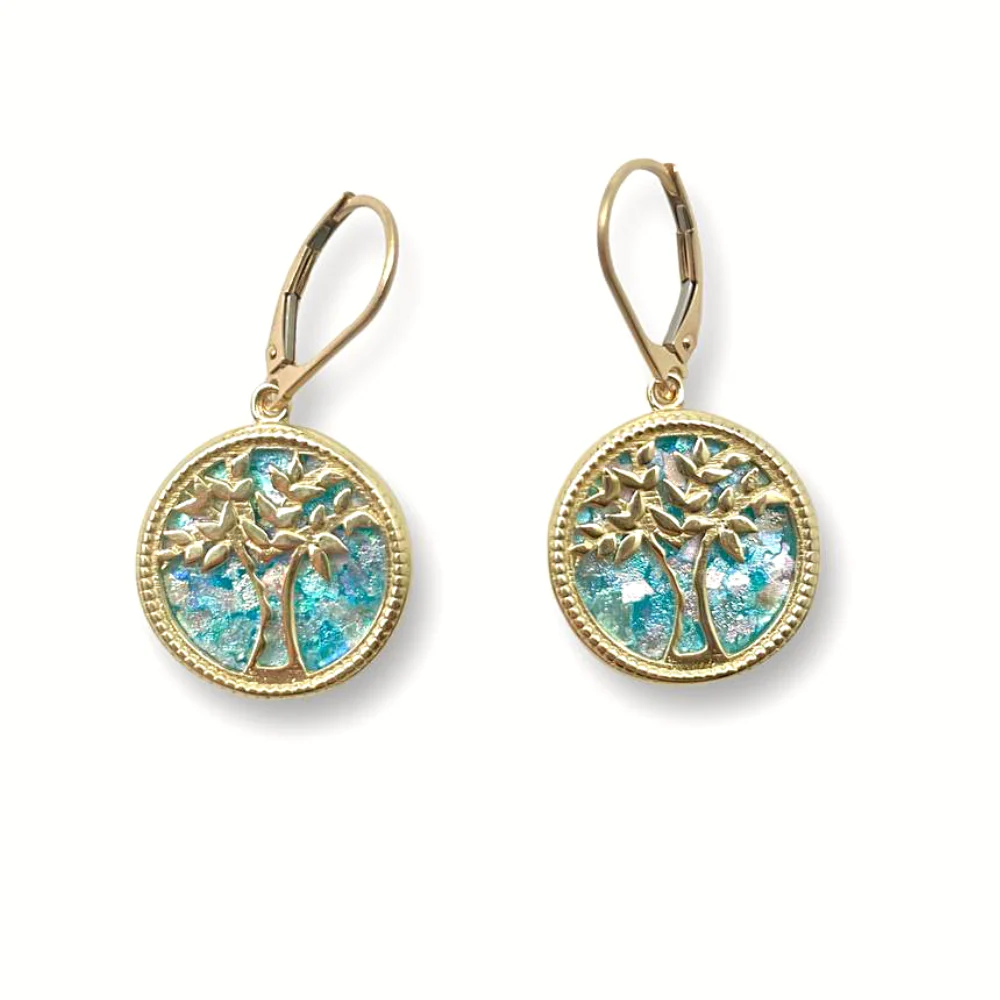 Tree of Life Earrings with Roman Glass in 14K Gold - Image 4