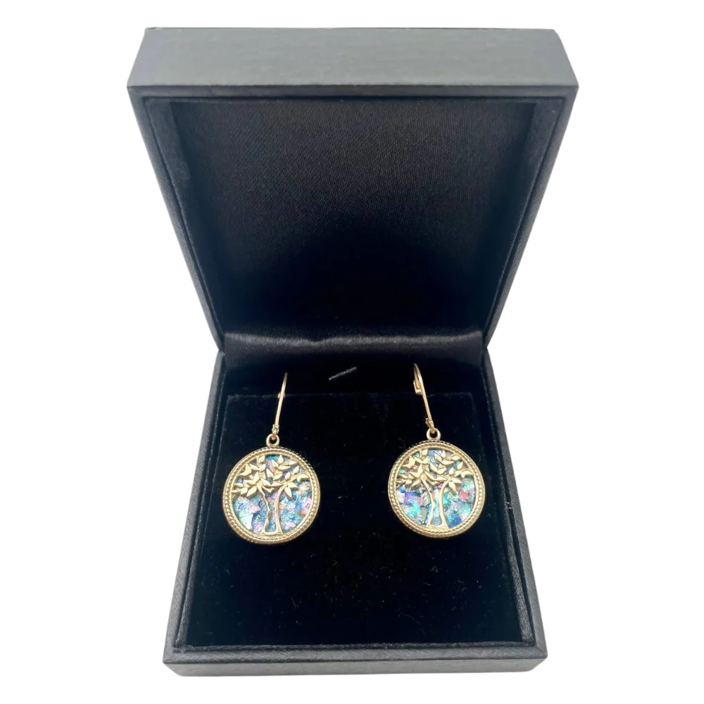 Tree of Life Earrings with Roman Glass in 14K Gold - Image 5