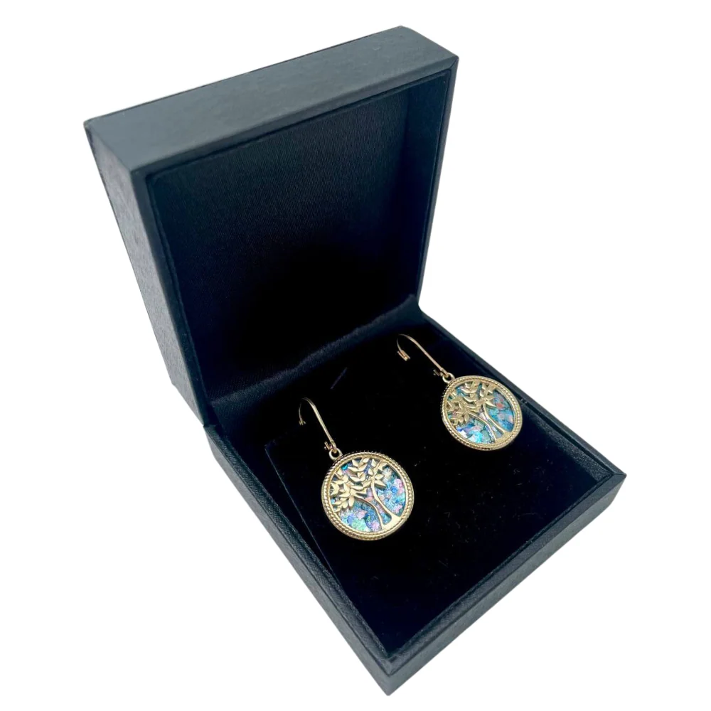 Tree of Life Earrings with Roman Glass in 14K Gold - Image 6