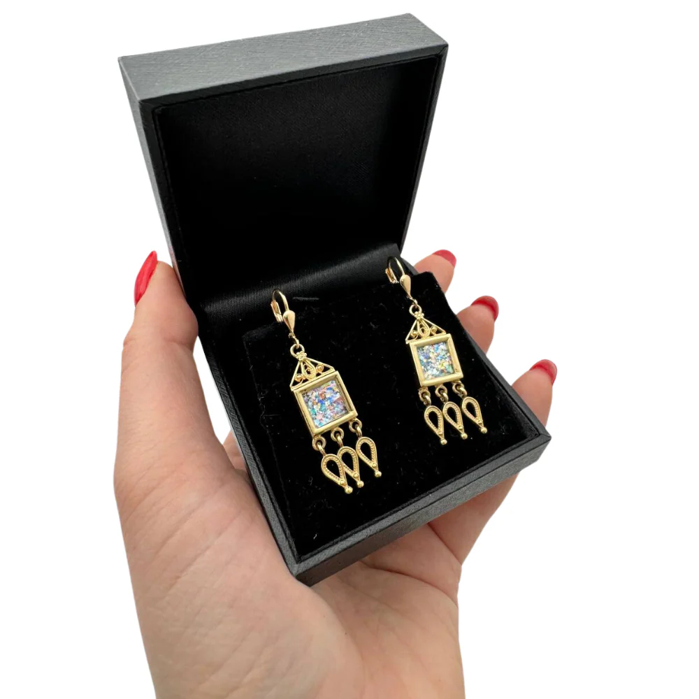 Roman Glass Chandelier Earrings in 14K Gold Filigree Detailing - Image 5